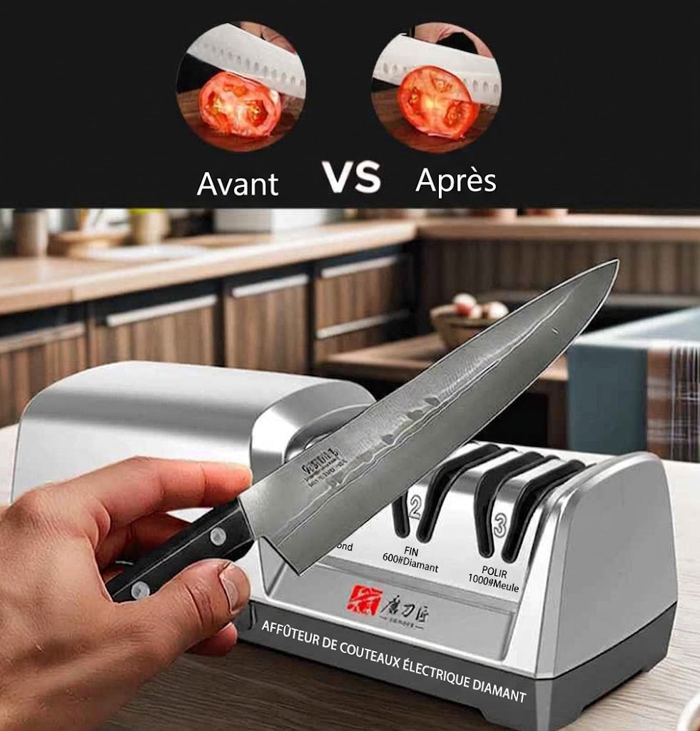 Test d'affûtage de couteau de cuisine avec découpe nette d'une tomate avant et après passage.
