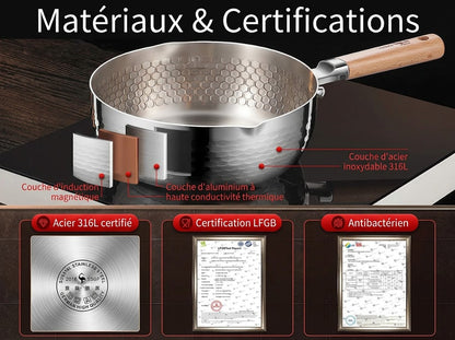 la composition en couches et les certifications du pot japonais Yukihira : acier inoxydable 316L, aluminium conducteur, fond induction et certifications LFGB, acier certifié et propriété antibactérienne.