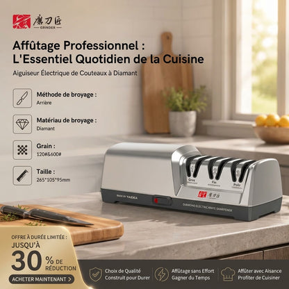 Affûteur de couteaux électrique professionnel TAIDEA avec système d'affûtage à 3 étapes.