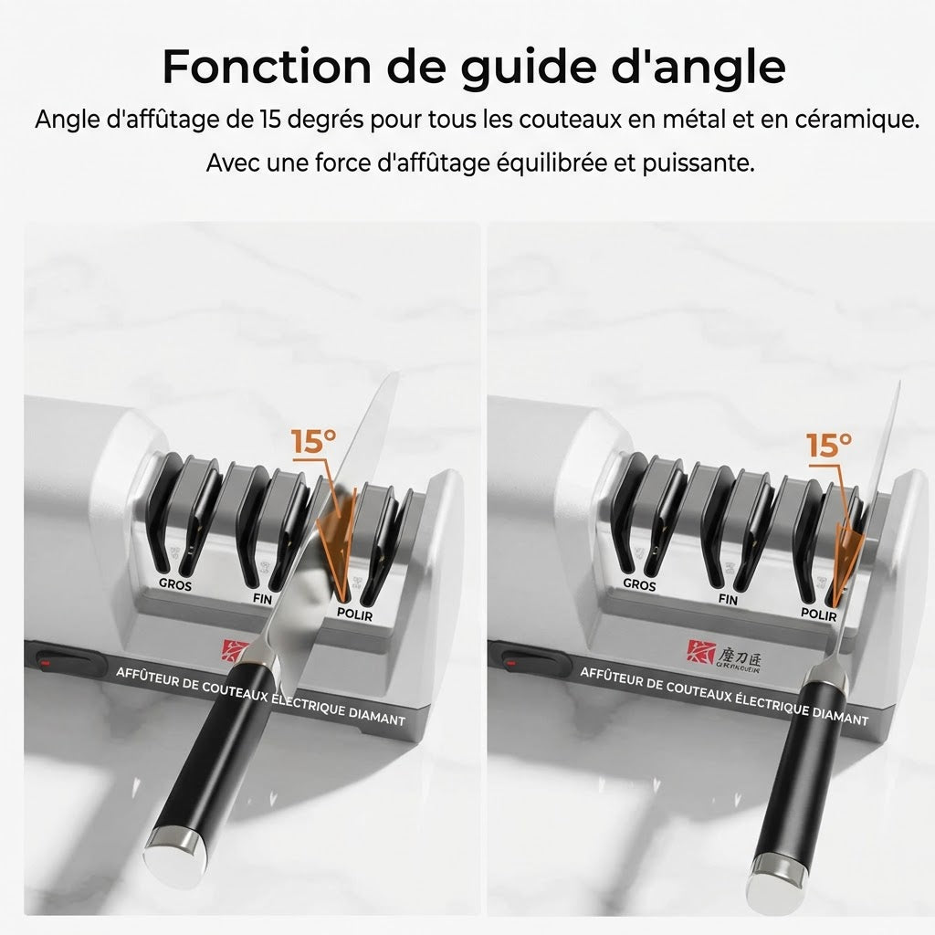 Aiguisage de précision d'une lame de couteau de chef sur meule diamant électrique.