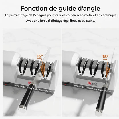 Aiguisage de précision d'une lame de couteau de chef sur meule diamant électrique.