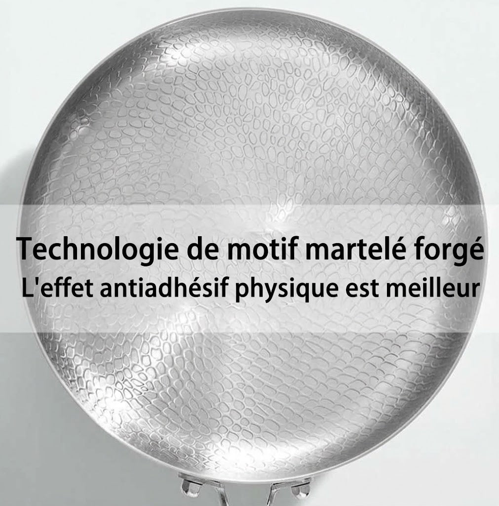 Structure alvéolée et martelée en titane et acier inoxydable pour cuisson antiadhésive.