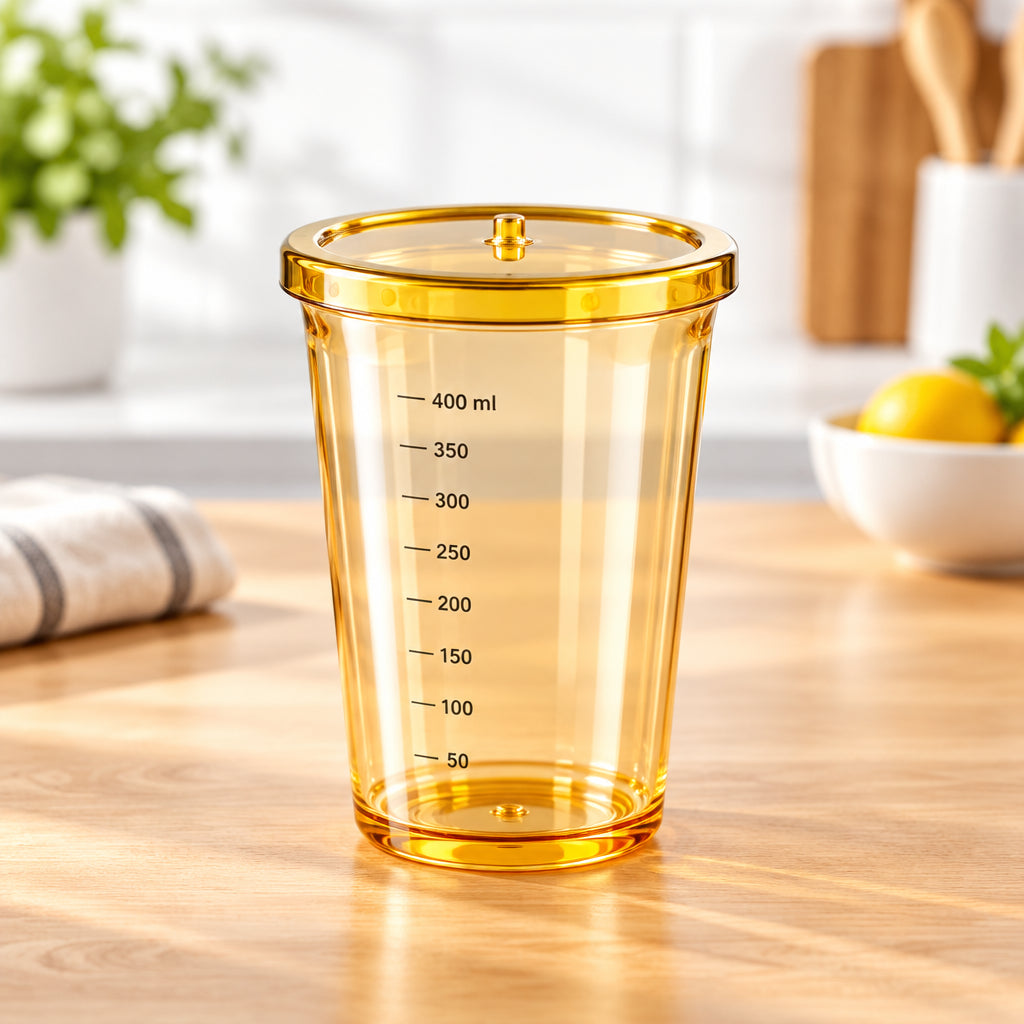 Vue du dessous de la tasse à mesurer avec anneau jaune à la base - Cuisinezchezvous.com