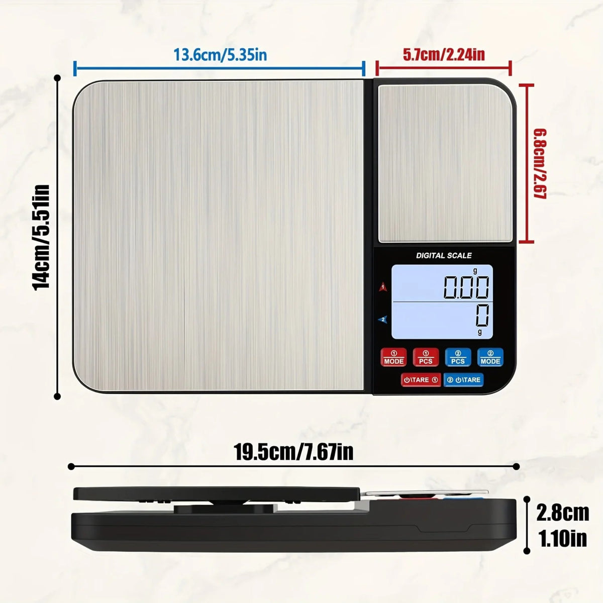 Balance de cuisine à double plateforme  nous montre les dimensions