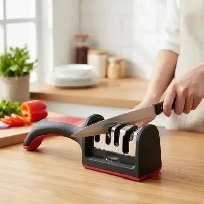 Aiguiseur de couteau robuste utilisé sur un plan de travail moderne en cuisine.Cuisinezchezvous.com