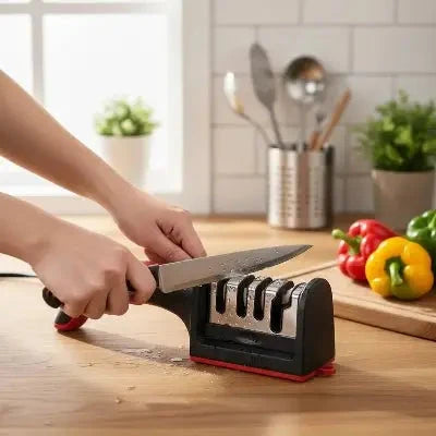 Aiguisage d'un couteau de chef en acier inoxydable pour restaurer un tranchant rasoir rapidement."Cuisinezchezvous.com