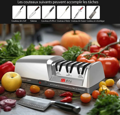Affûteur de couteaux électrique TAIDEA sur un plan de travail de cuisine avec des légumes frais.