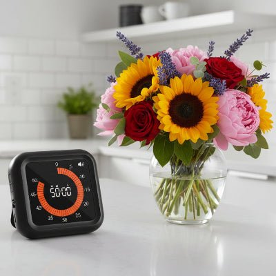 Minuterie de cuisine rotative ChronoZen noire avec affichage analogique visuel et barres de progression colorées sur fond blanc.