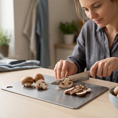 Détail de la surface lisse en acier inox 304 résistant à la corrosion et aux rayures.-ChefBoard Cuisinezchezvous
