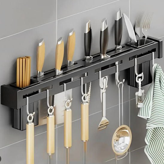 Porte couteau mural noir avec torchon de cuisine intégré - Cuisinezchezvous.com